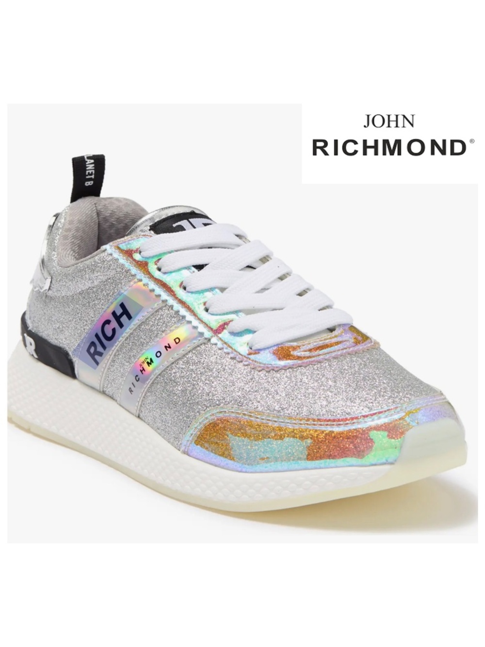 JOHN RICHMOND WOMEN NIB GLITTER SILVER METALLIC FASHION SNEAKER. EU38/US7.5